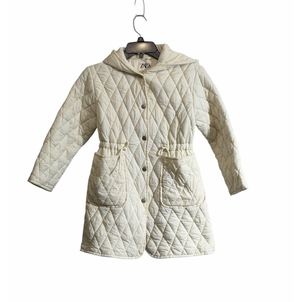 Zara Girls Sz 9 Cream Hooded Quilted Jacket Lightweight Diamon Cut